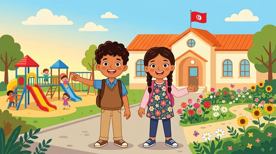 Youssef et Maya devant leur école, montrant la cour de jeux et le jardin